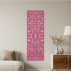 A modern residential living room interior with a neutral color palette. A laser-cut wooden wall panel made of natural plywood is mounted on the wall above a sofa. The panel features an elegant geometric ornamental pattern with clean laser-cut edges. Soft natural daylight, minimal furniture, warm tones, realistic materials, high detail, interior design photography style, product-focused composition, no people.