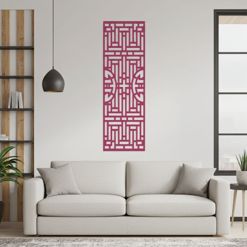 A modern residential living room interior with a neutral color palette. A laser-cut wooden wall panel made of natural plywood is mounted on the wall above a sofa. The panel features an elegant geometric ornamental pattern with clean laser-cut edges. Soft natural daylight, minimal furniture, warm tones, realistic materials, high detail, interior design photography style, product-focused composition, no people.