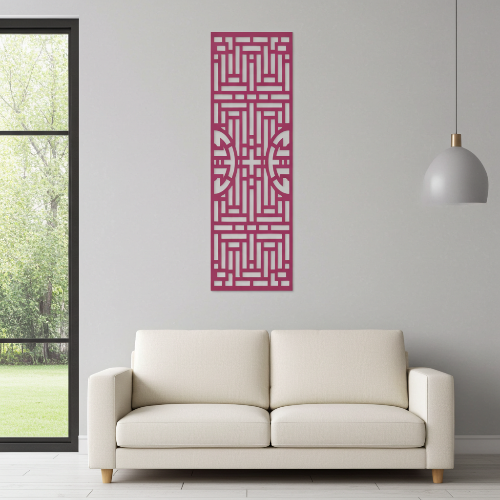 A modern residential living room interior with a neutral color palette. A laser-cut wooden wall panel made of natural plywood is mounted on the wall above a sofa. The panel features an elegant geometric ornamental pattern with clean laser-cut edges. Soft natural daylight, minimal furniture, warm tones, realistic materials, high detail, interior design photography style, product-focused composition, no people.