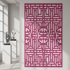 A modern residential living room interior with a neutral color palette. A laser-cut wooden wall panel made of natural plywood is mounted on the wall above a sofa. The panel features an elegant geometric ornamental pattern with clean laser-cut edges. Soft natural daylight, minimal furniture, warm tones, realistic materials, high detail, interior design photography style, product-focused composition, no people.