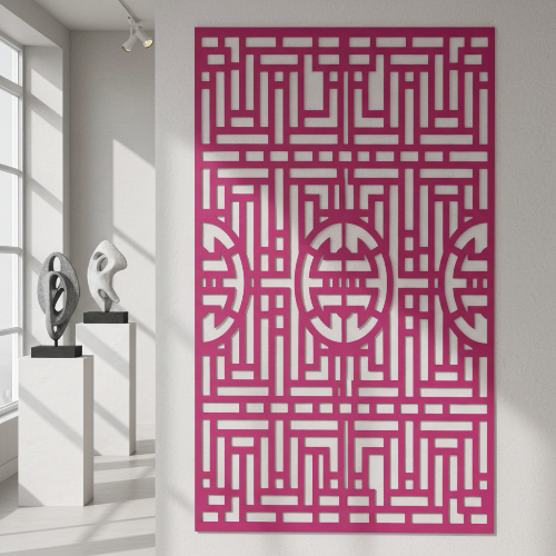 A modern residential living room interior with a neutral color palette. A laser-cut wooden wall panel made of natural plywood is mounted on the wall above a sofa. The panel features an elegant geometric ornamental pattern with clean laser-cut edges. Soft natural daylight, minimal furniture, warm tones, realistic materials, high detail, interior design photography style, product-focused composition, no people.