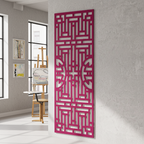 A modern residential living room interior with a neutral color palette. A laser-cut wooden wall panel made of natural plywood is mounted on the wall above a sofa. The panel features an elegant geometric ornamental pattern with clean laser-cut edges. Soft natural daylight, minimal furniture, warm tones, realistic materials, high detail, interior design photography style, product-focused composition, no people.
