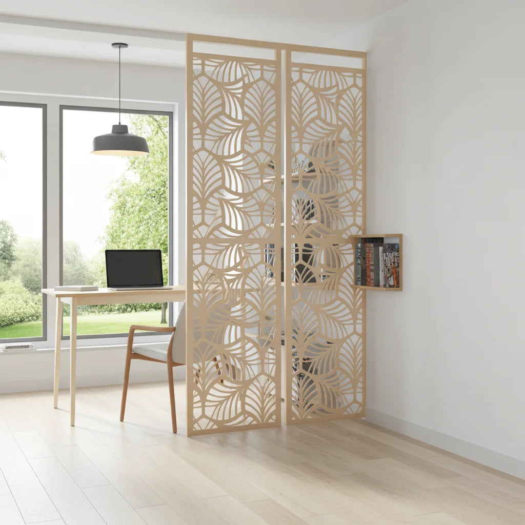 Panel decorativo floral modular para paredes interiores. Diseño elegante con hojas y flores, ideal para decoración moderna y natural.
