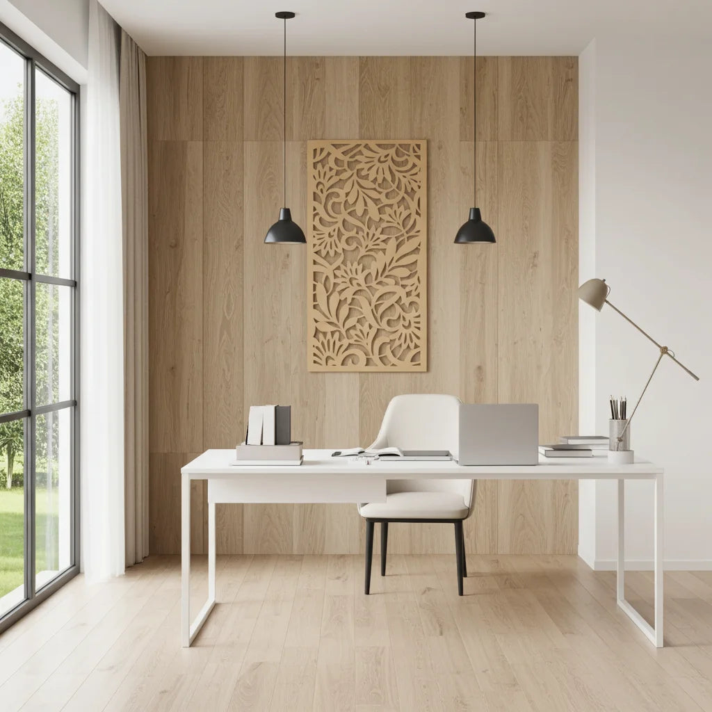 Panel decorativo geométrico modular instalado en pared moderna