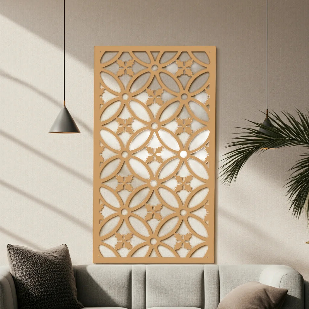 Panel ornamental modular geométrico como acento decorativo en salón