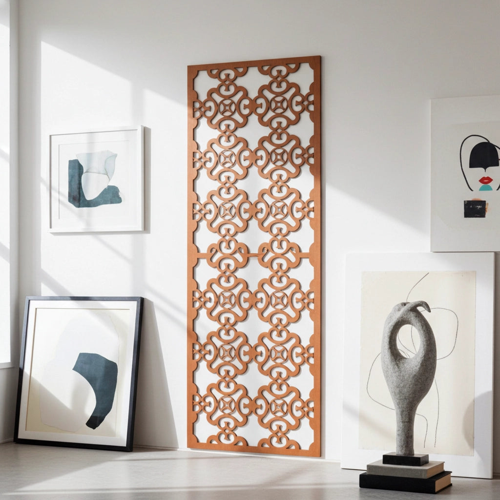 Panel decorativo geométrico modular aplicado en espacio contemporáneo