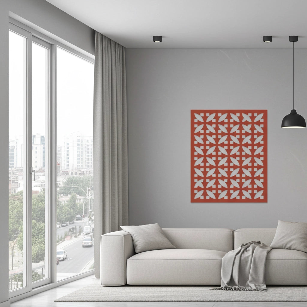 Panel decorativo geométrico modular aplicado en espacio contemporáneo