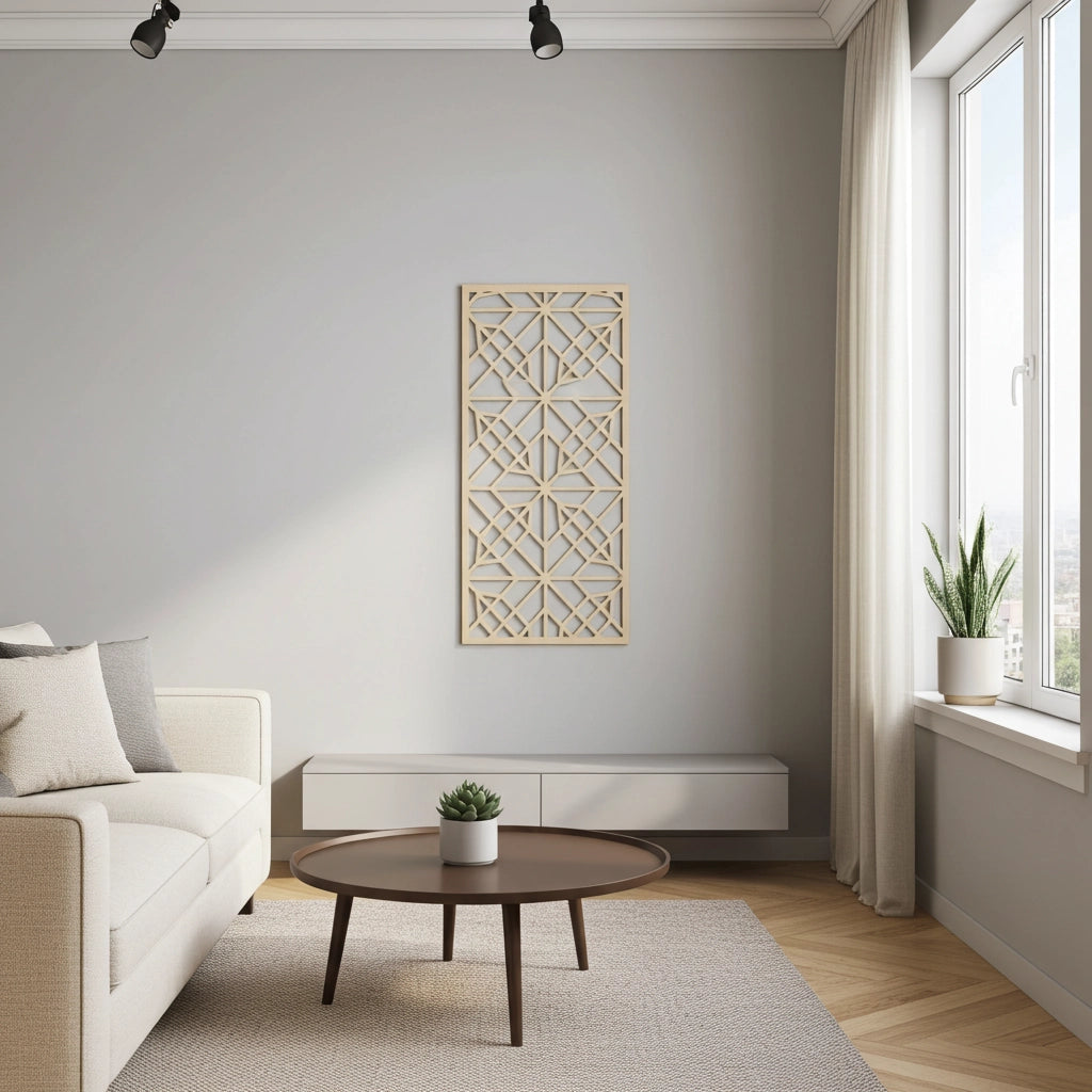 Panel decorativo geométrico modular instalado en pared moderna