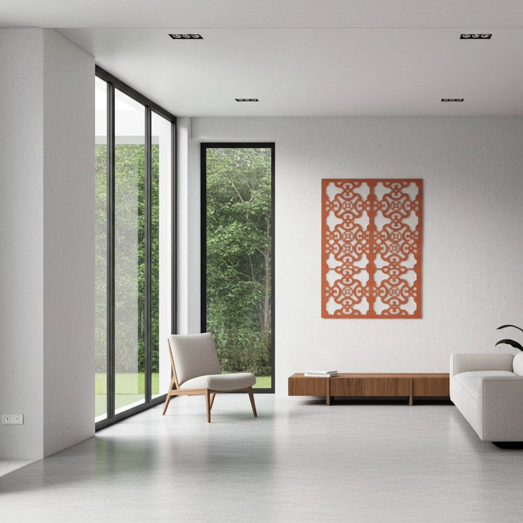 Panel decorativo geométrico modular aplicado en espacio contemporáneo