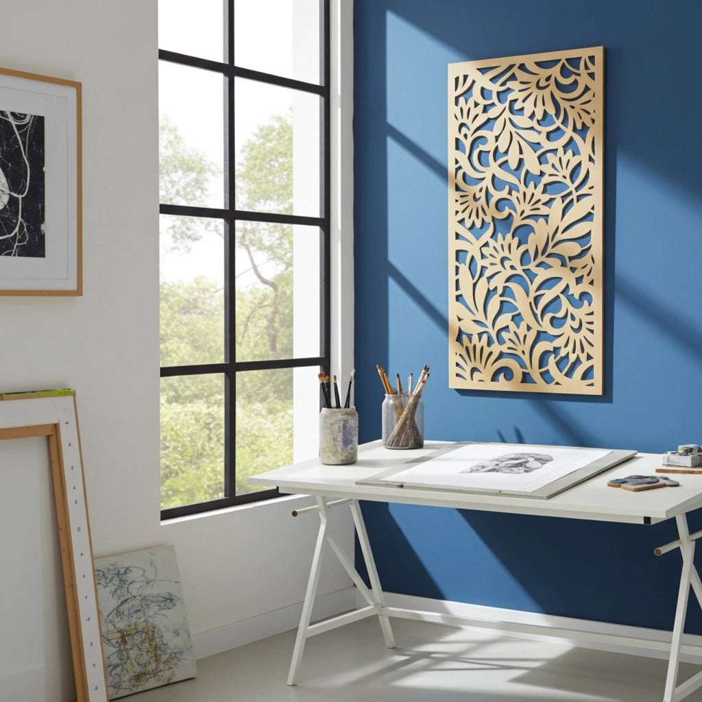 Panel decorativo geométrico modular instalado en pared moderna