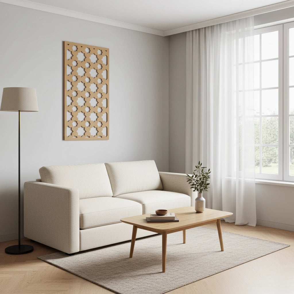 Panel decorativo de madera con patrón geométrico para interiores