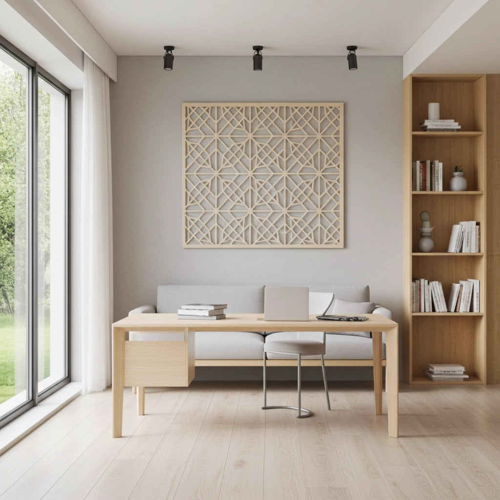 Panel decorativo geométrico modular instalado en pared moderna