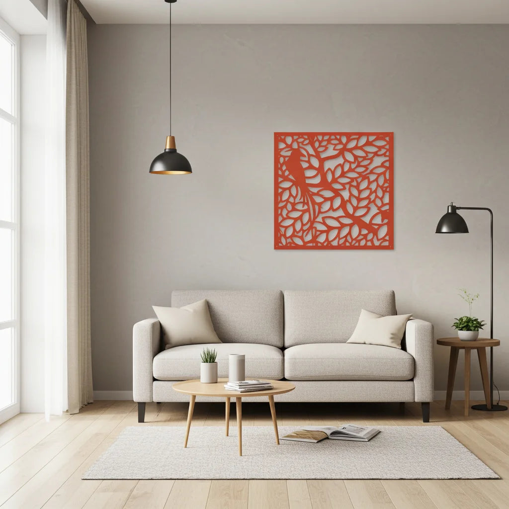 Panel decorativo de pared con diseño de árbol y hojas cortado con láser