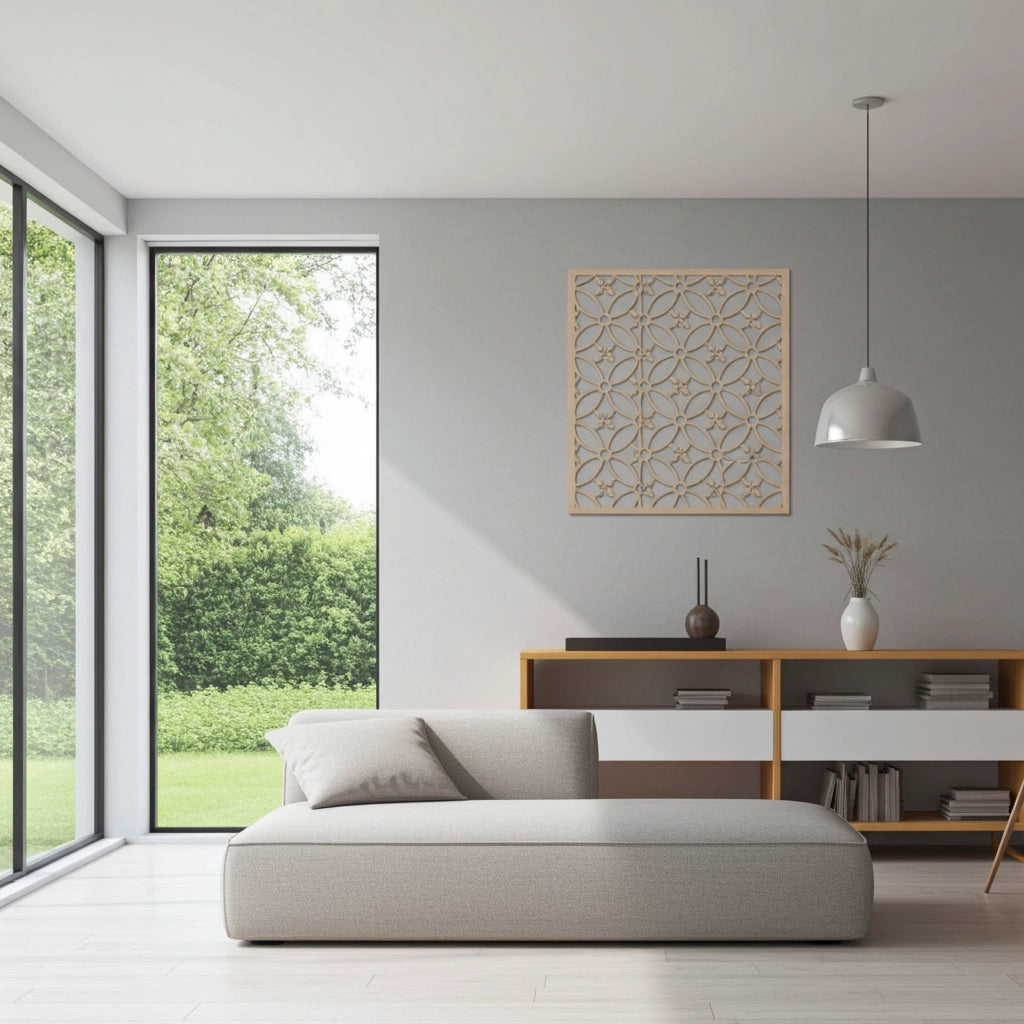 Panel ornamental modular geométrico como acento decorativo en salón