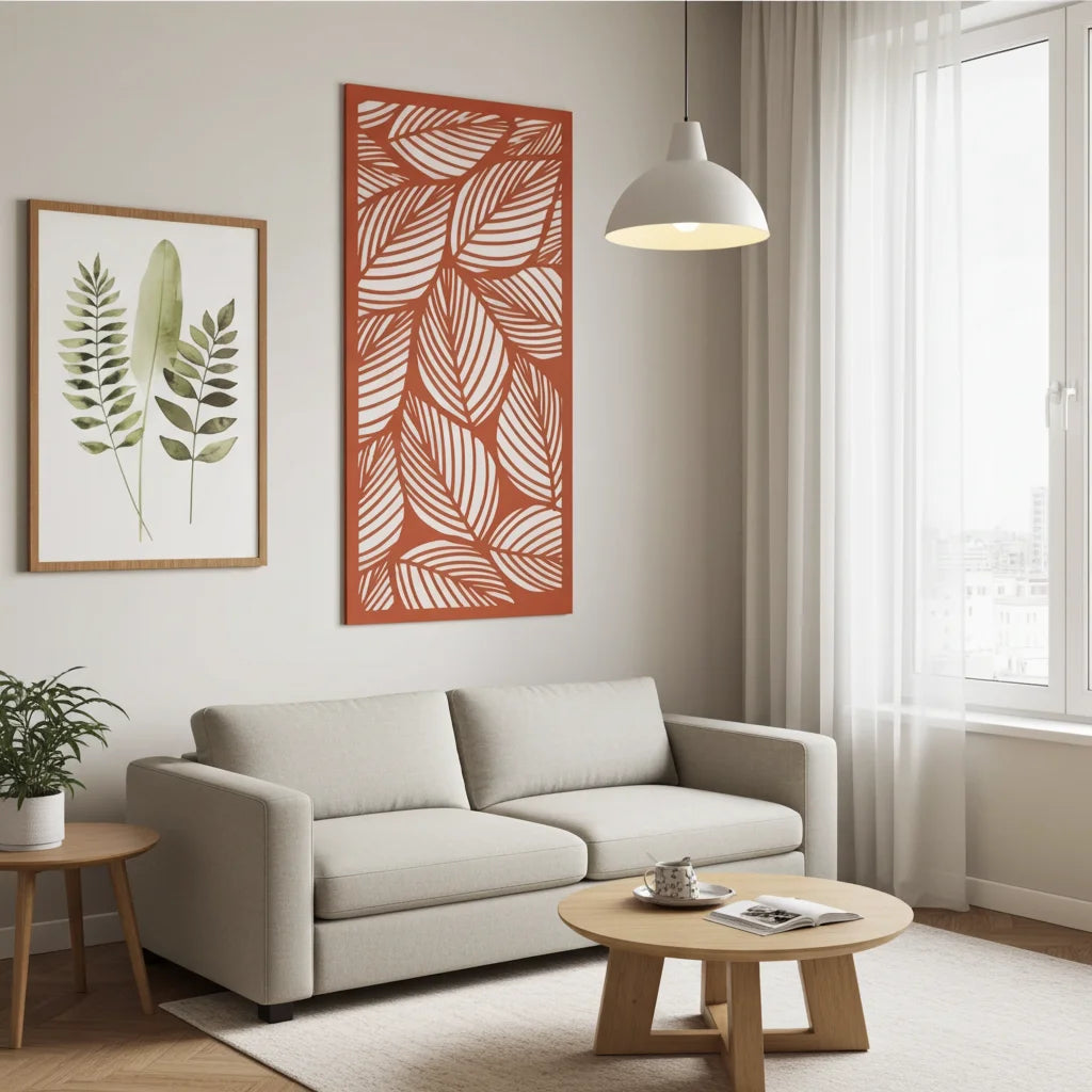 Panel decorativo floral modular para paredes interiores. Diseño elegante con hojas y flores, ideal para decoración moderna y natural.
