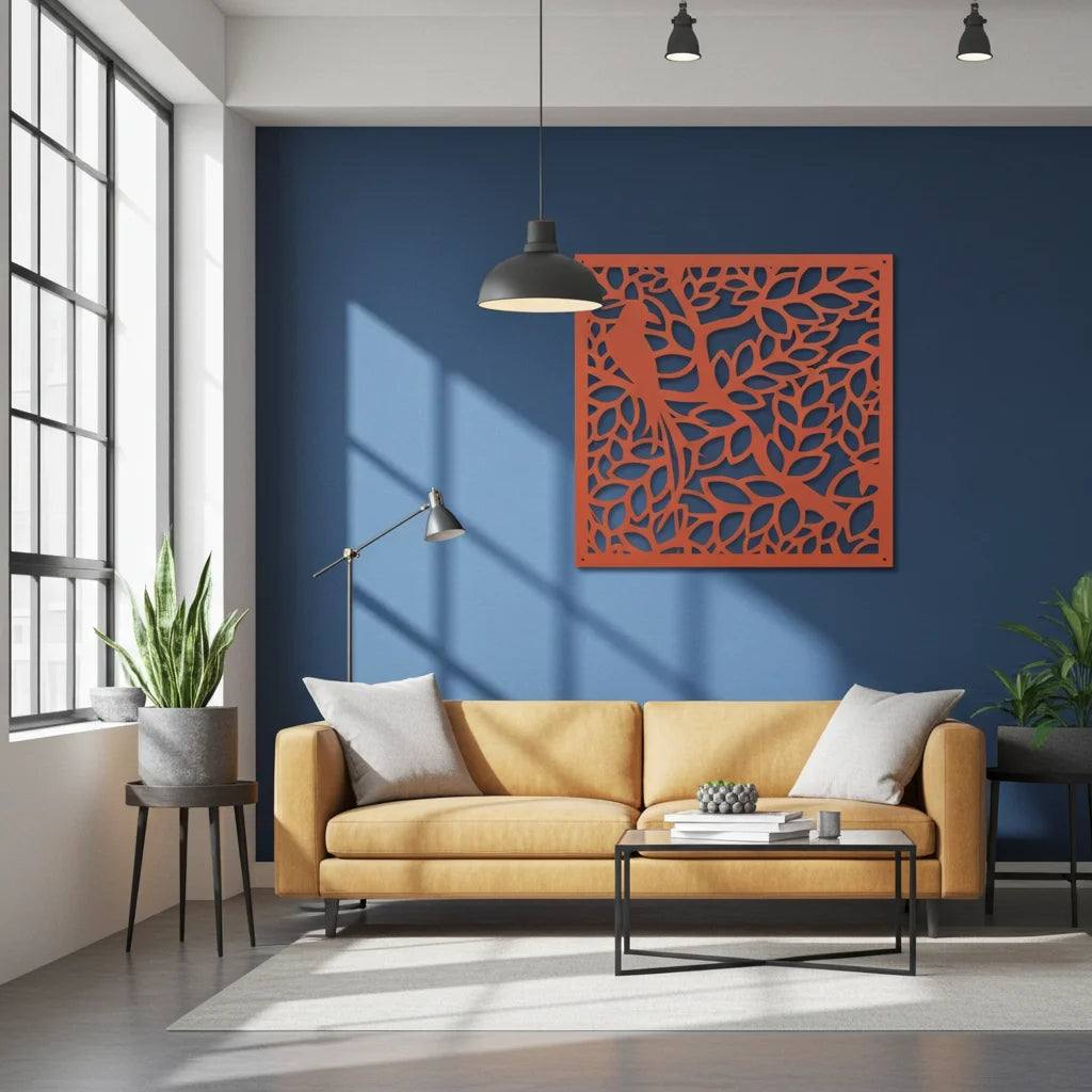 Panel decorativo de pared con diseño de árbol y hojas cortado con láser