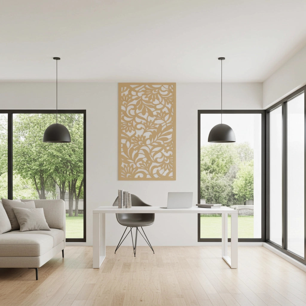 Panel decorativo geométrico modular instalado en pared moderna