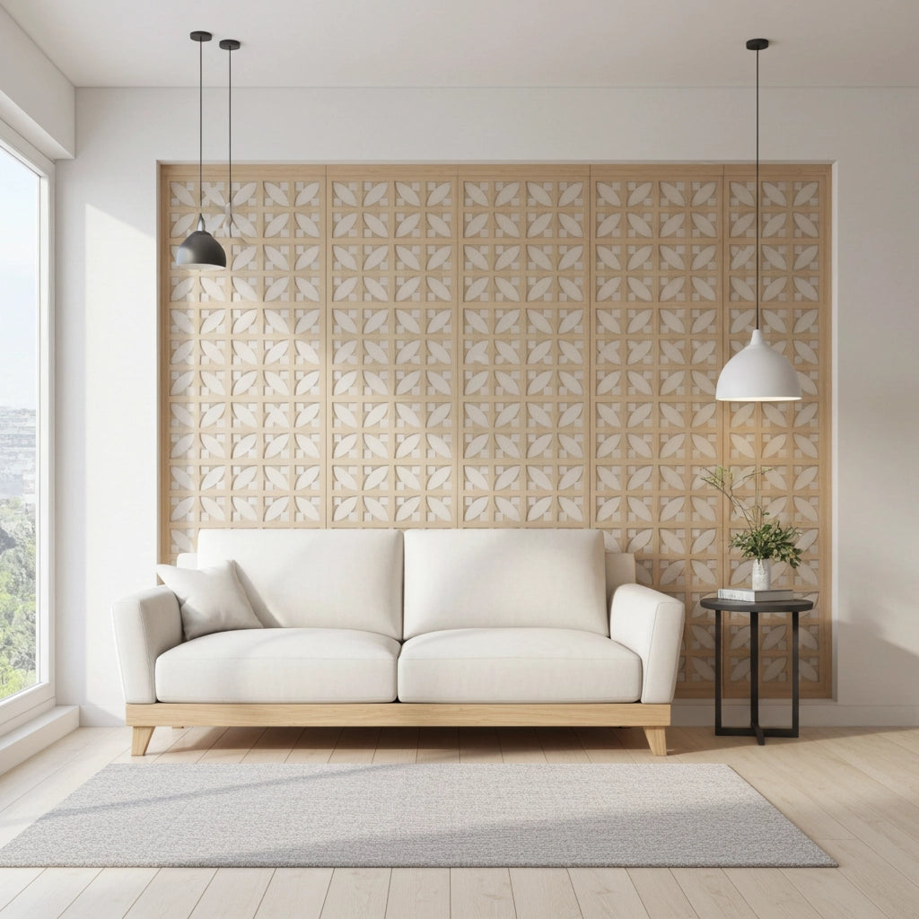 Panel decorativo geométrico modular aplicado en espacio contemporáneo