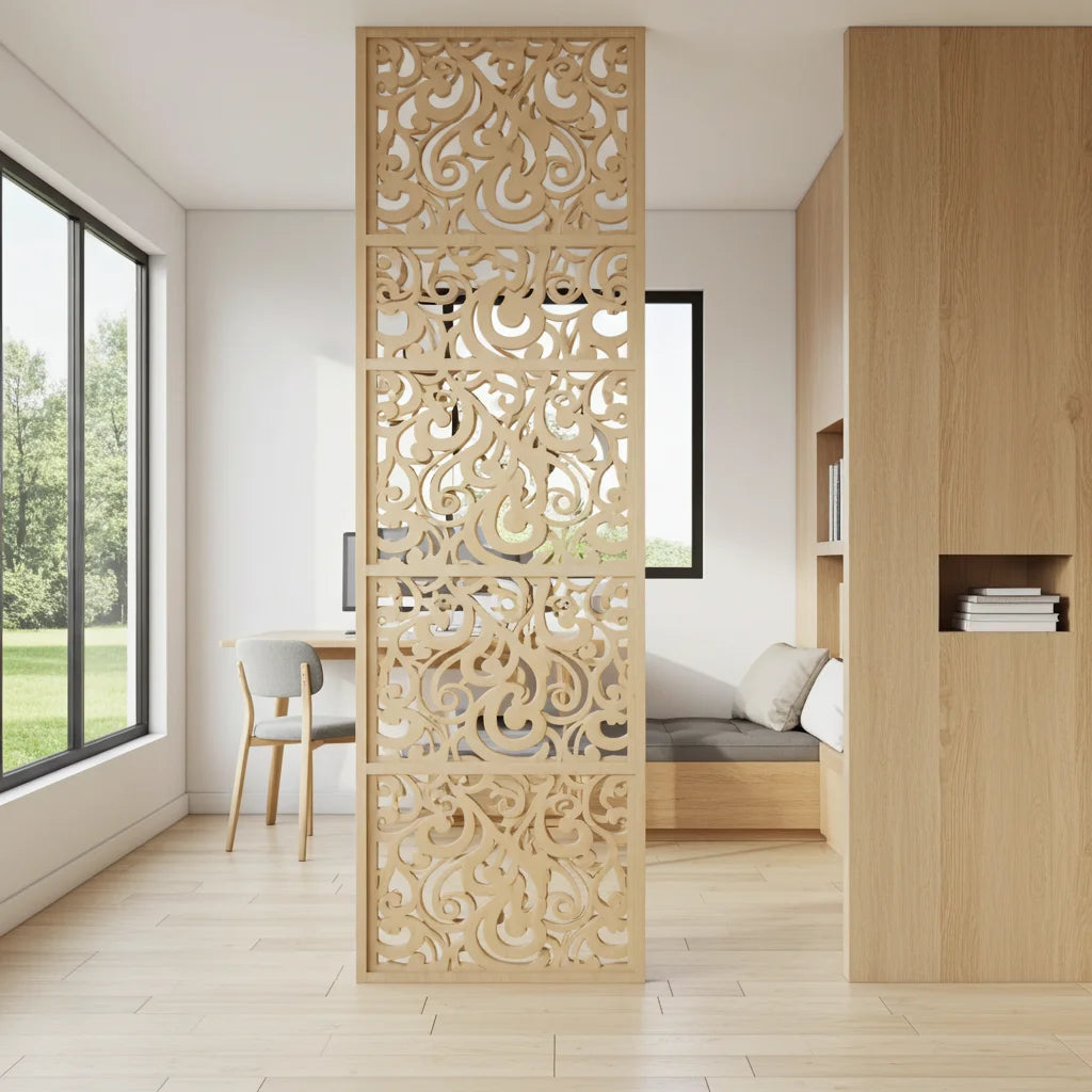 Panel separador de ambientes modular con diseño abstracto cortado por láser