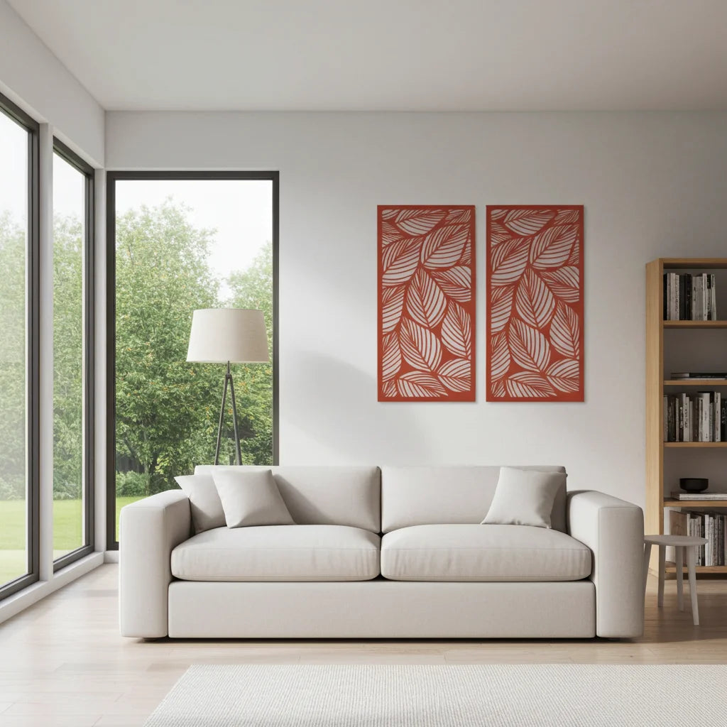 Panel decorativo floral modular para paredes interiores. Diseño elegante con hojas y flores, ideal para decoración moderna y natural.
