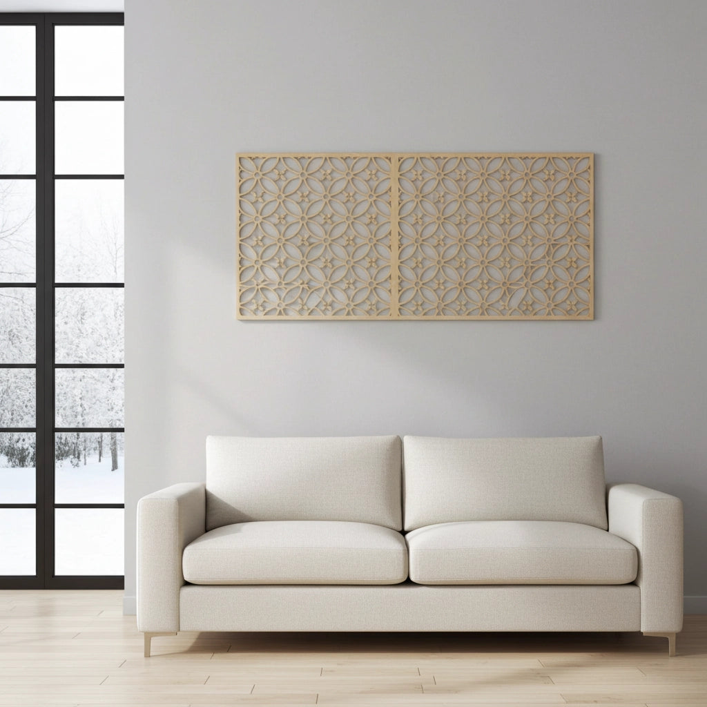 Panel ornamental modular geométrico como acento decorativo en salón