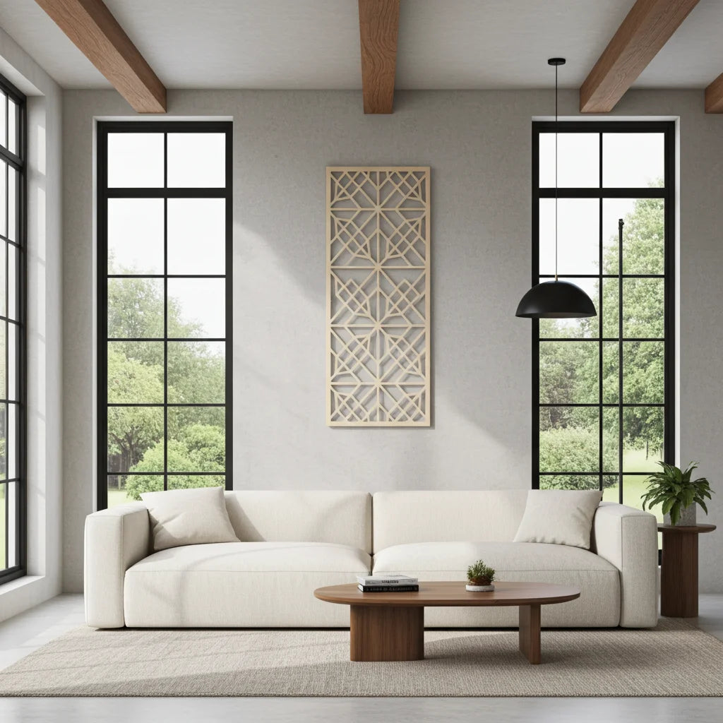 Panel decorativo geométrico modular instalado en pared moderna