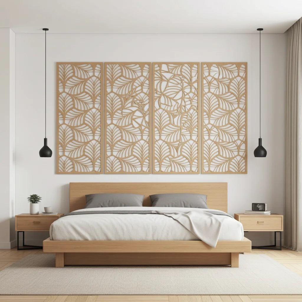 Panel decorativo floral modular para paredes interiores. Diseño elegante con hojas y flores, ideal para decoración moderna y natural.
