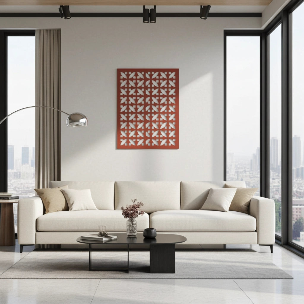 Panel decorativo geométrico modular aplicado en espacio contemporáneo