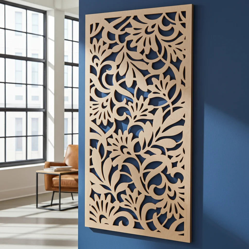 Panel decorativo geométrico modular instalado en pared moderna