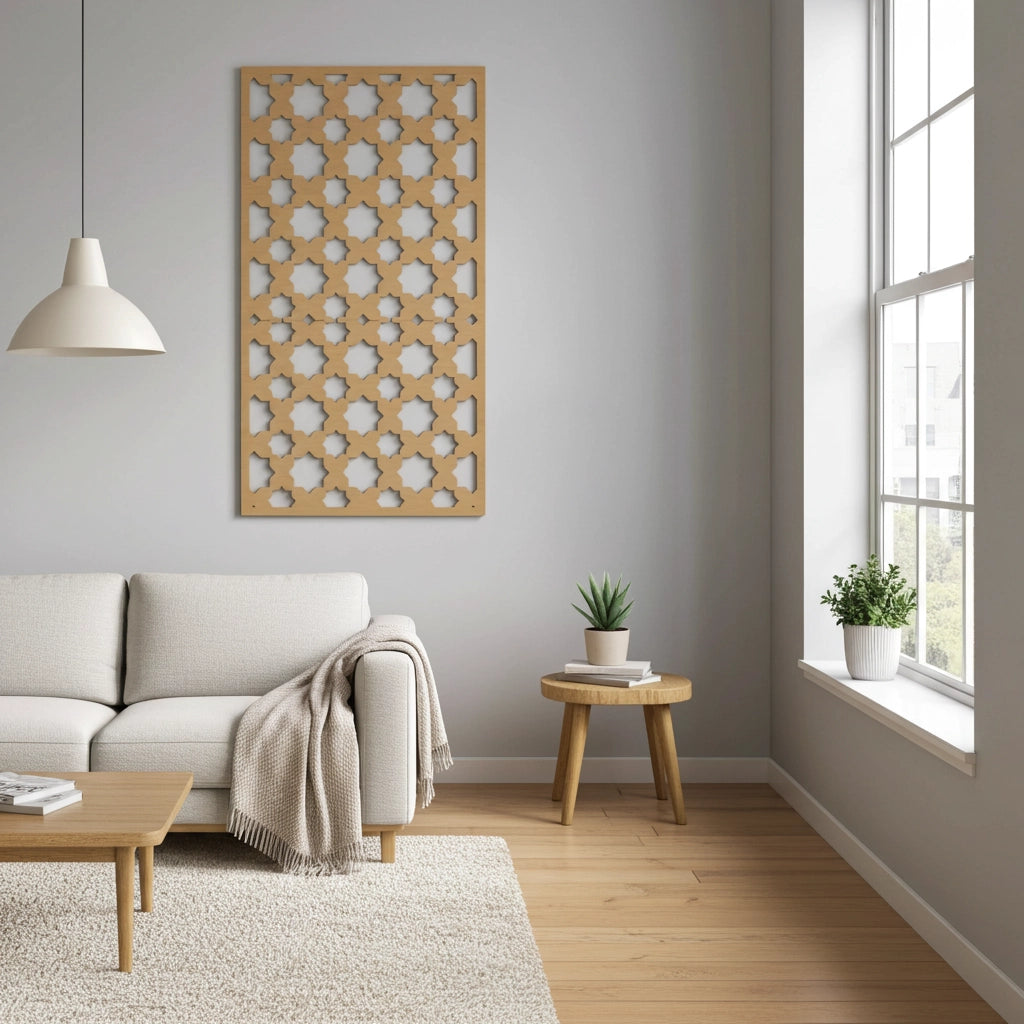 Panel decorativo de madera con patrón geométrico para interiores