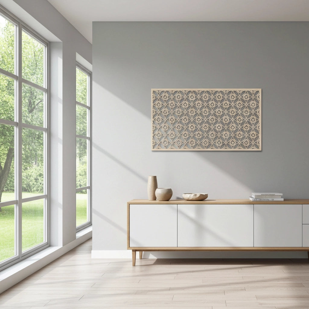 Panel decorativo de madera con patrón geométrico para interiores