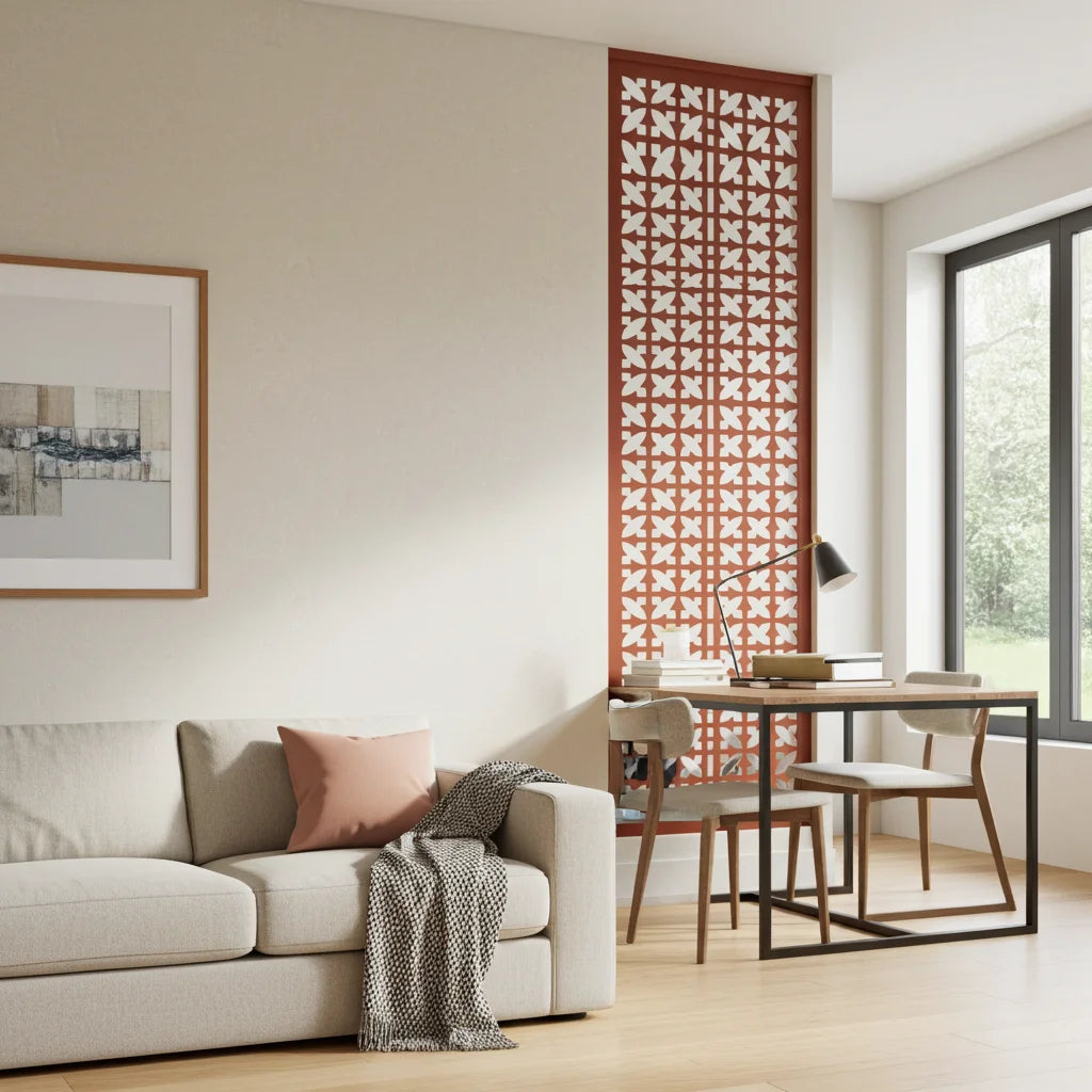 Panel decorativo geométrico modular aplicado en espacio contemporáneo