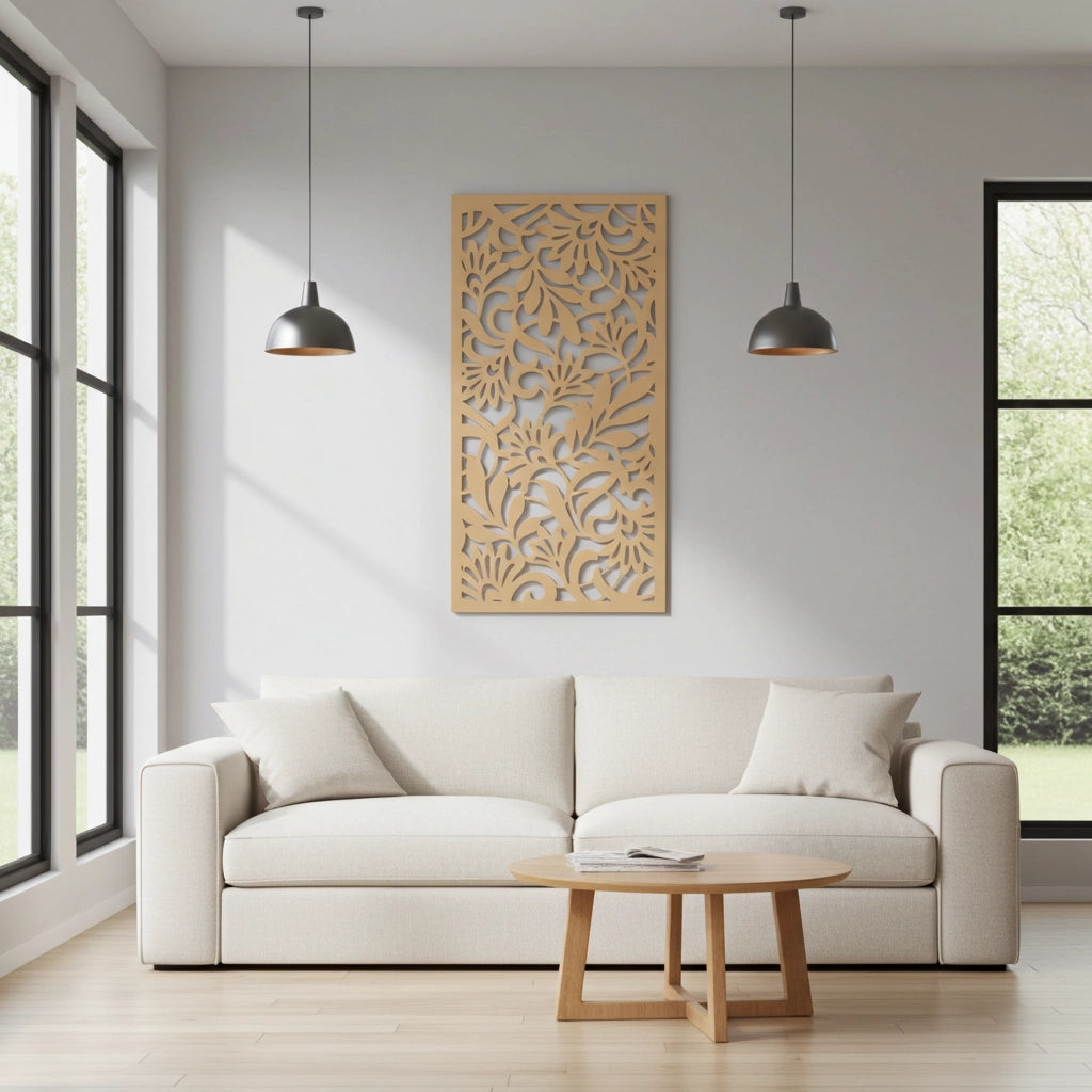 Panel decorativo geométrico modular instalado en pared moderna