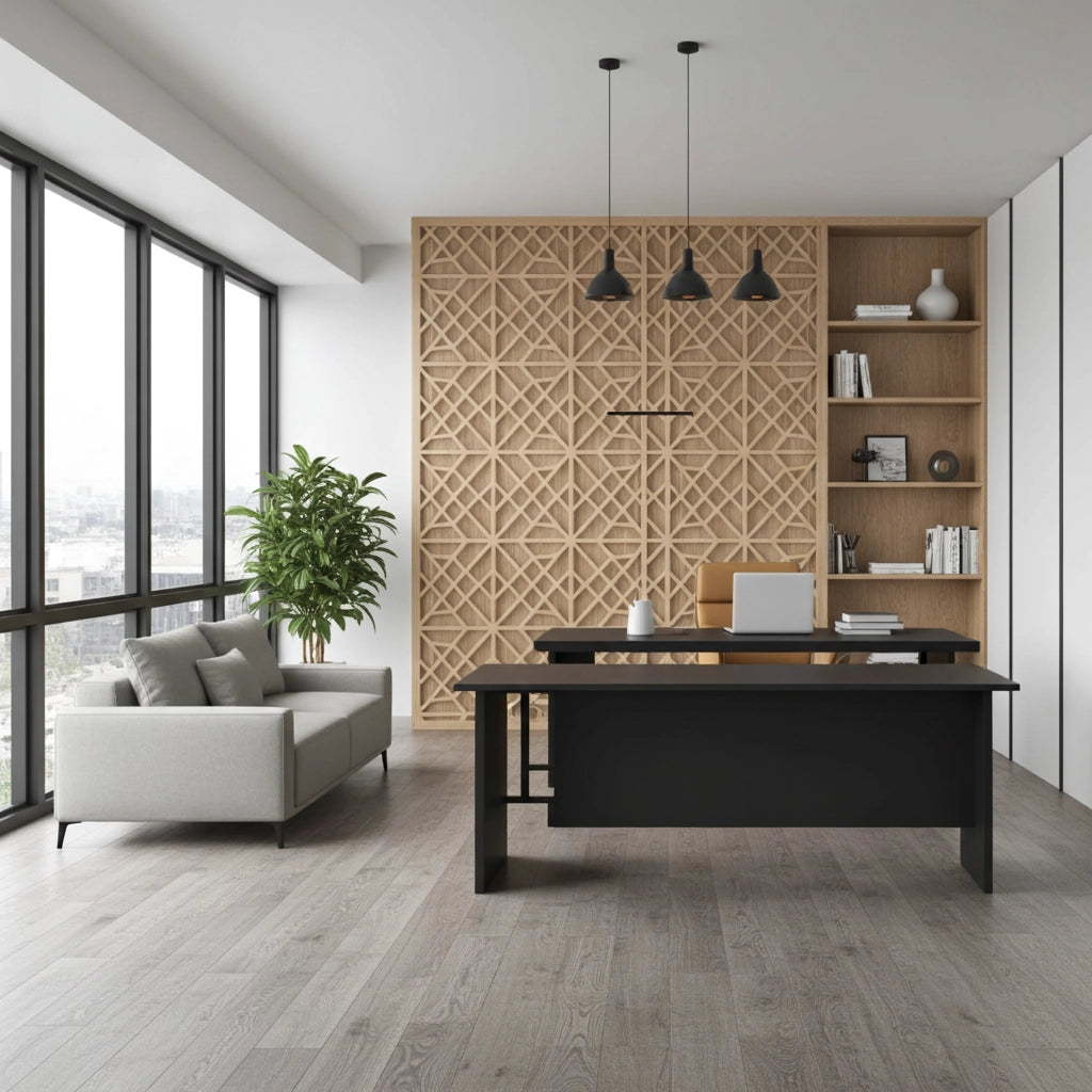 Panel decorativo geométrico modular instalado en pared moderna