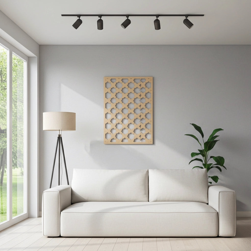 Panel decorativo de madera con patrón geométrico para interiores