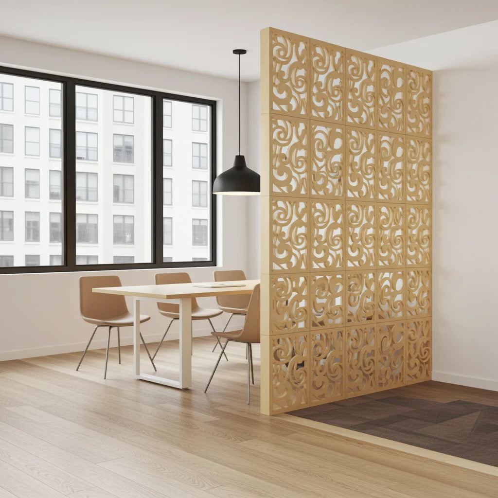 Panel separador de ambientes modular con diseño abstracto cortado por láser